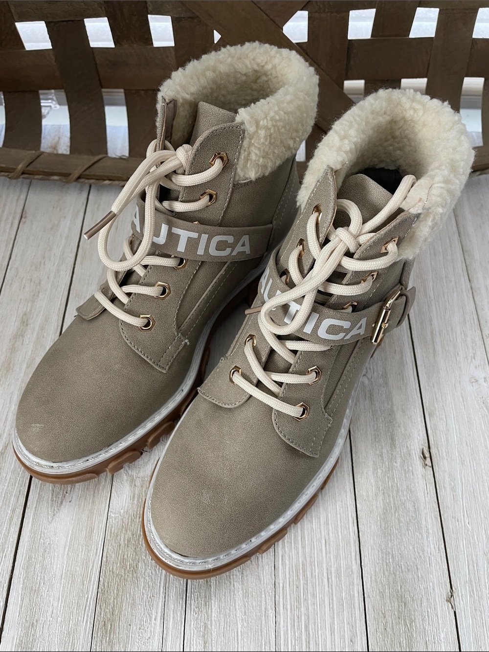 Nautica Taupe Lace-Up Sherpa Winter Boots with Tan Sole - Picture 3 of 4